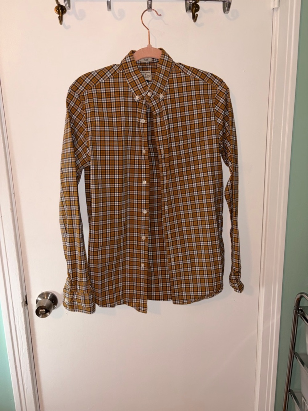 J. Crew Men's Brown and White Plaid Button-Down Shirt Men Small Slim